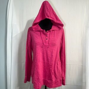 Columbia Womens Pink Slub Knit Henley Hoodie Lightweight Kangaroo Pocket Size M